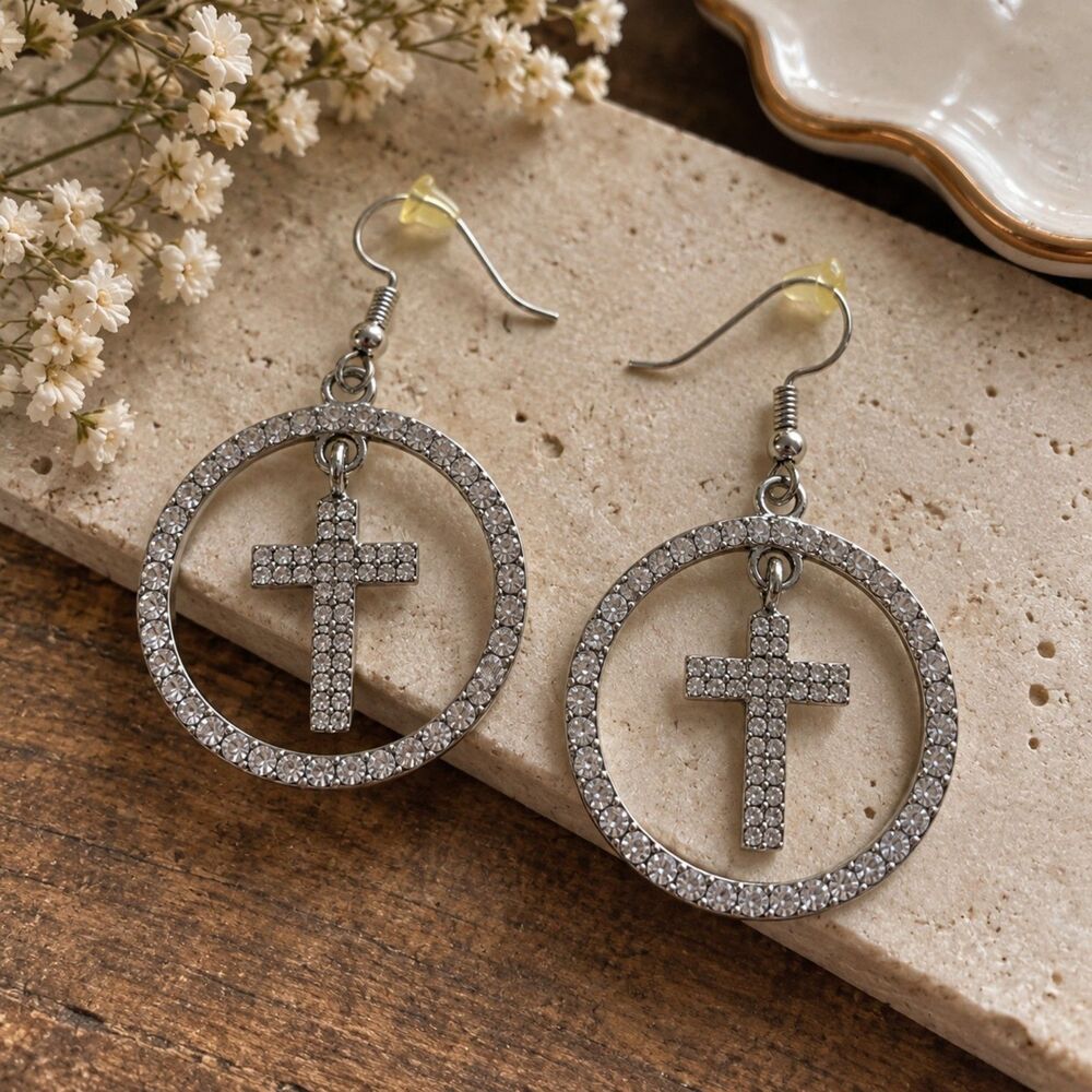 Silver Rhinestone Cross Dangle Earrings Crystal Circle Christian Faith Jewelry